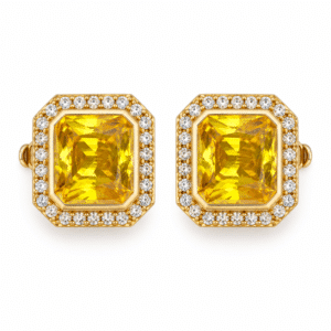 A pair of gold-plated Yellow Stone Studs featuring a radiant rectangular yellow stone surrounded by a crystal halo