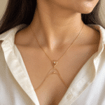 Model wearing gold-plated body jewelry with teardrop motif