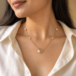 Swan Lake Gold Pearl Necklace worn by a model